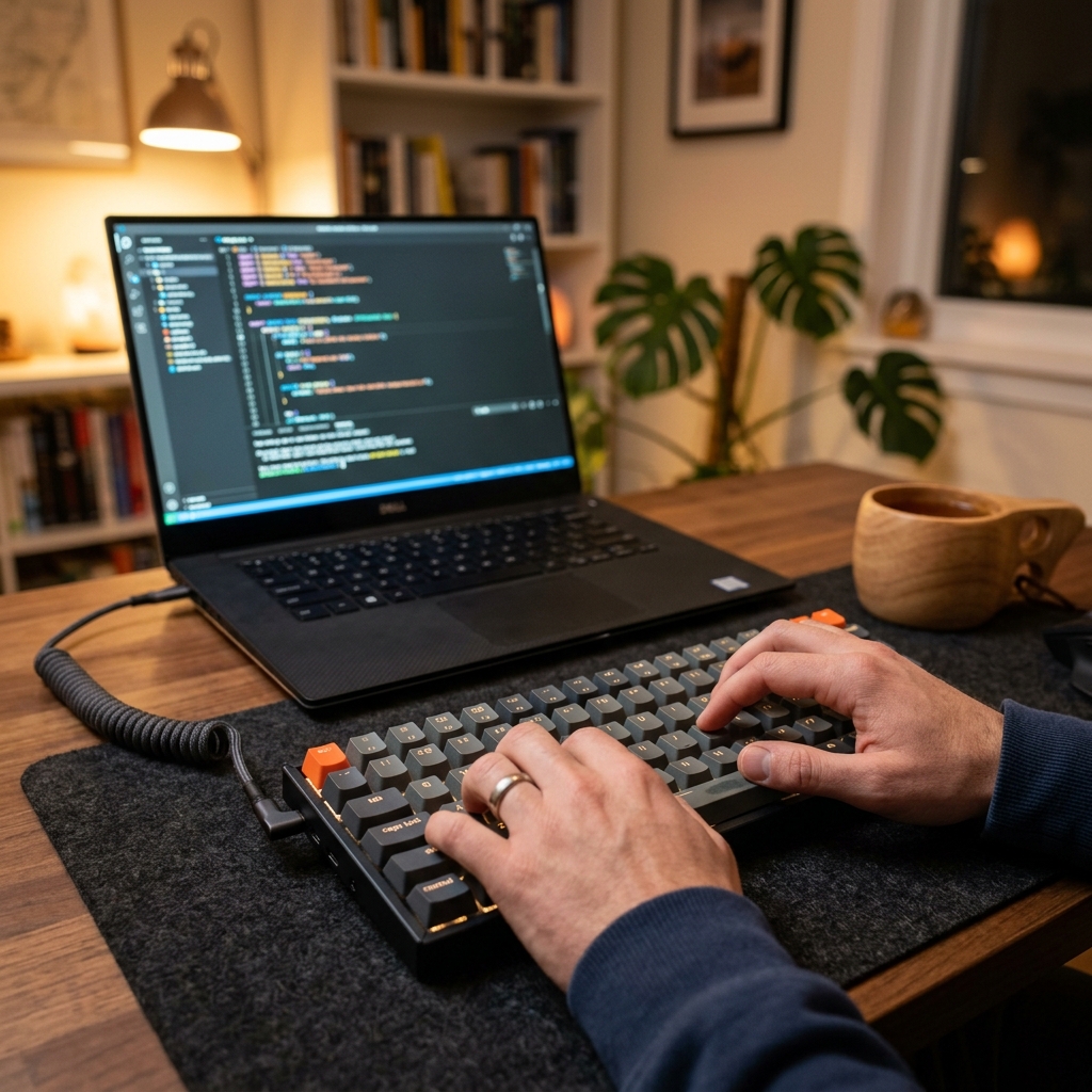 Mãos programando em teclado mecânico ao lado de notebook