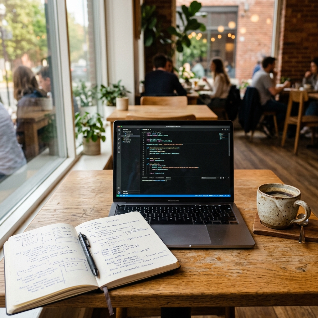 Caderno com anotações e laptop em mesa rústica